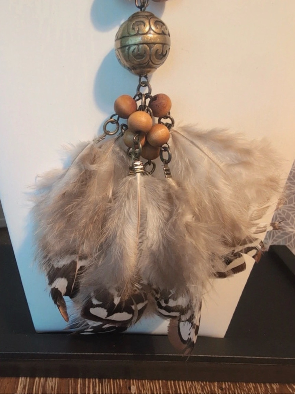 Tan and Gold Feather Tassel Statement Necklace - Women Jewelry - Picture 2 of 4